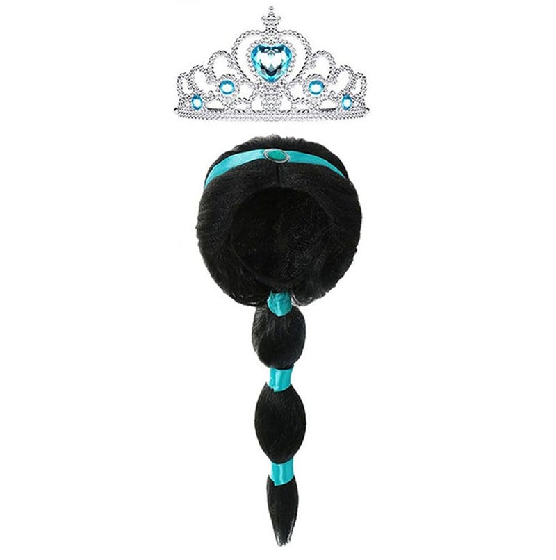 Yosbabe Arabian Princess Wig for Girls Black Braid with Tiara Princess Dress Up Costume Cosplay Halloween Accessories for Kids - Image 1
